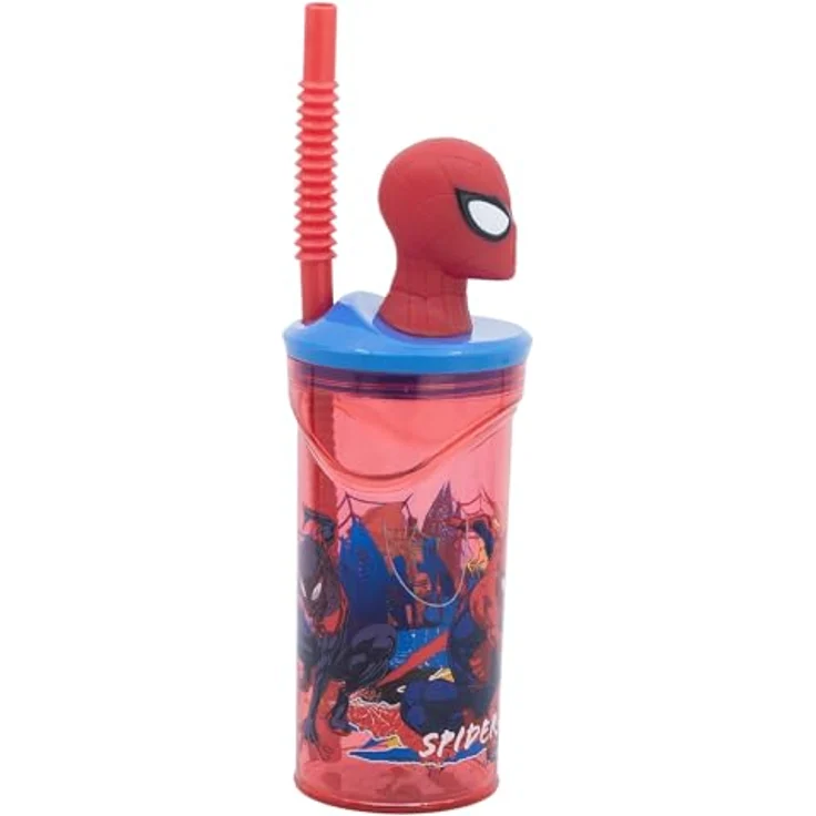 Spiderman 3D Trinkflasche Becher, 360 ml mit Strohhalm und Figurdeckel für Kinder – Bild 3