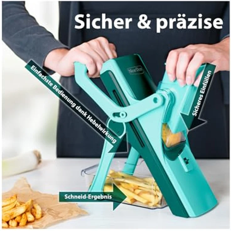Genius Gemüseschneider Nicer Dicer Mando 12tlg., Gemüsehobel mit 6 austauschbaren Klingen, Mandoline Vegetable Chopper für Scheiben Julienne Streifen - Hochwertiger Standhobel in neuem Design, grün – Bild 4