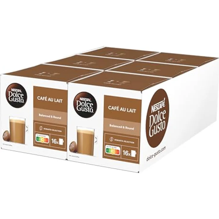 Nescafé Dolce Gusto Café au lait, Kaffee, Milchkaffee, Kaffeekapsel, 6er Pack, 6 x 16 Kapseln