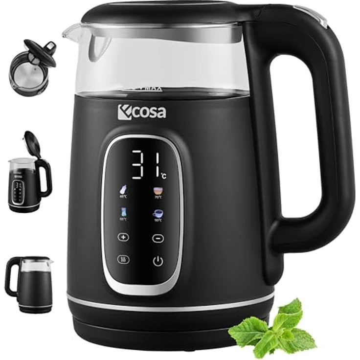 Ecosa® Wasserkocher mit Temperatureinstellung, 1,7 L, 2.200 W, Glas Edelstahl, BPA-frei, 40-100°C Temperaturwahl, Warmhaltefunktion, LED Beleuchtung (Black Pearl) – Bild 1