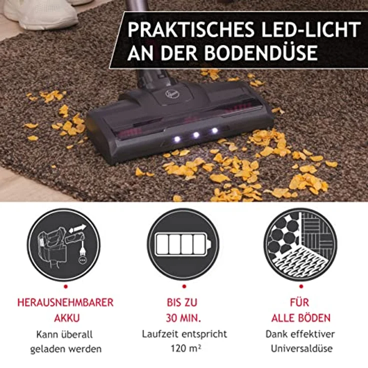Hoover HF1 PETS Akku-Staubsauger ohne Beutel + Tierdüse – bis zu 120 m² mit 1 Akkuladung – kabelloser Staubsauger mit LED, XL Staubbehälter & Parkfunktion – Handstaubsauger mit Fugendüse & Staubbürste – Bild 4