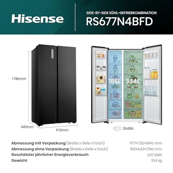 Hisense RS677N4BFD Side-by-Side-Kühlschrank, freistehend, schwarz, Energieklasse D – Bild 3