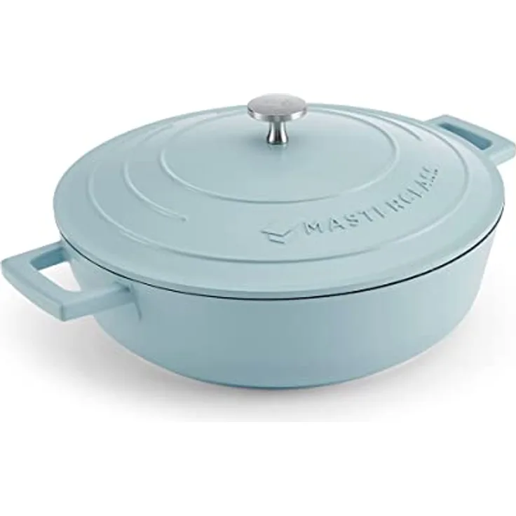 MasterClass Flacher Auflaufform mit Deckel 4L/28 cm, leichter Aluminiumguss, Induktionsherd und ofenfest, Himmelblau