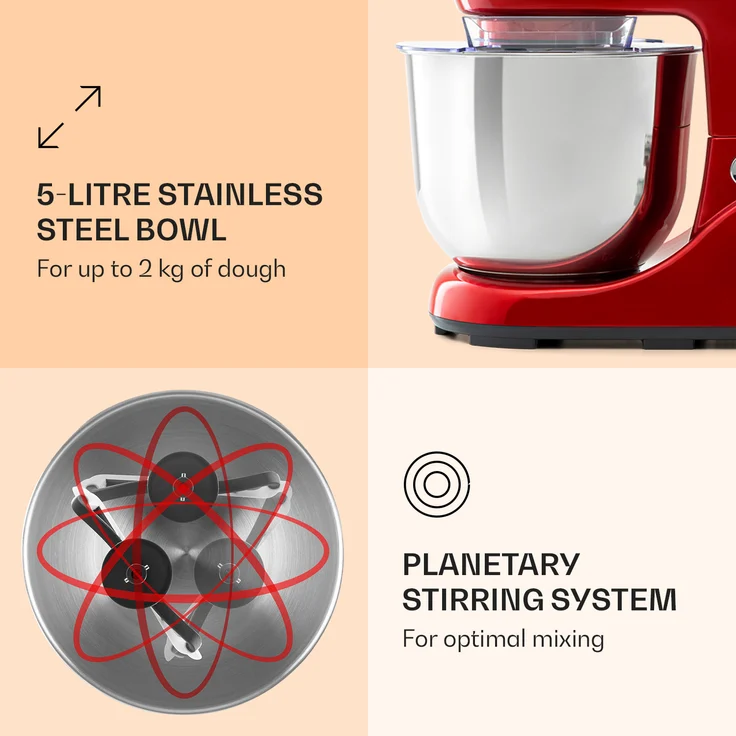 Klarstein Bella Pico 2G Küchenmaschine, 1200 W, 1,6 PS, 6 Stufen, 5 Liter, rot – Bild 4