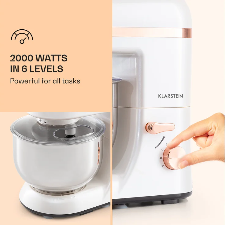 Klarstein Bella Elegance Küchenmaschine, 1300 W, 1,7 PS, 6 Stufen 5 Liter, weiß-kupfer – Bild 3