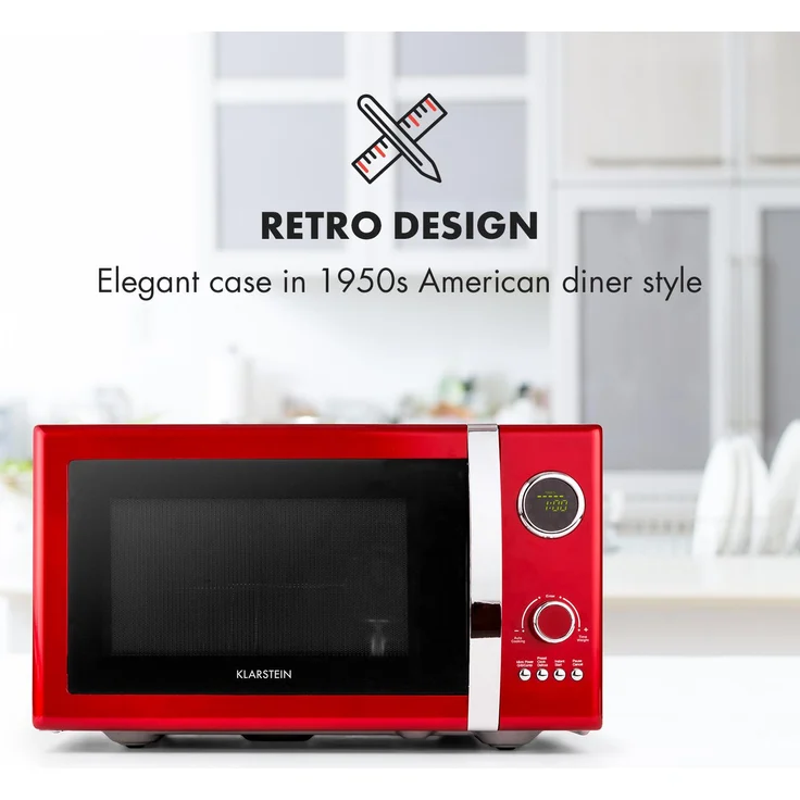 Klarstein Fine Dinesty 2in1 Mikrowelle mit Grill, Retro-Design, Standgerät, 23 Liter Garraum, 1000 Watt, 12 Programme, rot – Bild 3