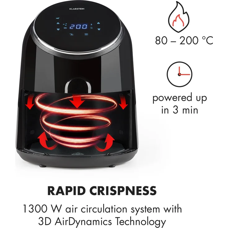 Klarstein AirVital Heißluftfritteuse 1300W 2,5l CeraPlus-Antihaft Touch schwarz – Bild 4
