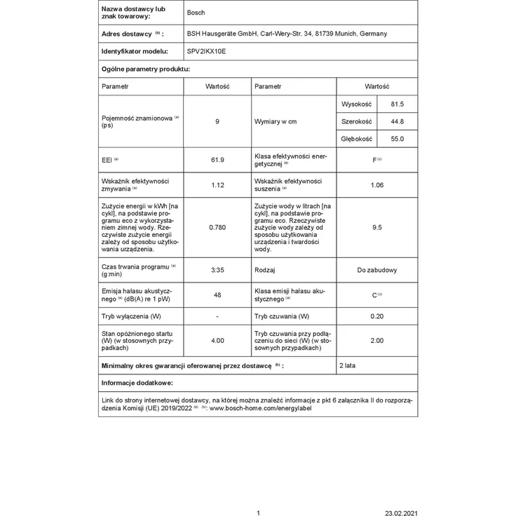 Bosch SPV2IKX10E, Geschirrspüler, F, Geräuschemissionsklasse C, Geräuschemissionen 48 Dezibel – Bild 8