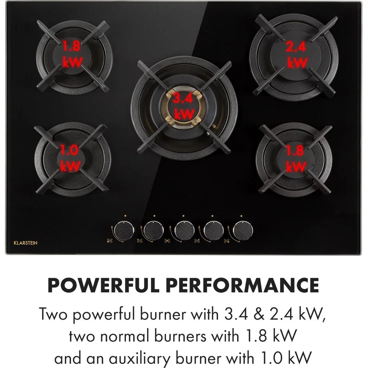 Goldflame 5 Gaskochfeld 5-flammig Messing-Brenner Glaskeramik schwarz – Bild 6