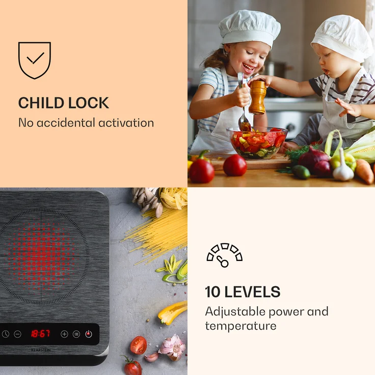InnoChef Induktionskochplatte 3400W Touch Control Glaskeramik schwarz - grau – Bild 5