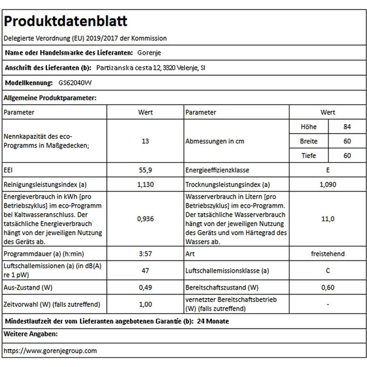 Gorenje GS62040W, Geschirrspüler, E, Geräuschemissionsklasse C, Geräuschemissionen 47 Dezibel – Bild 11