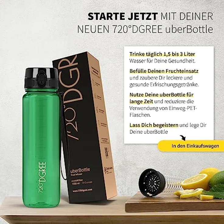 720 DGREE Trinkflasche Wasserflasche Fruchteinsatz 1Liter - BPA Frei uberBottle forest green transp – Bild 5