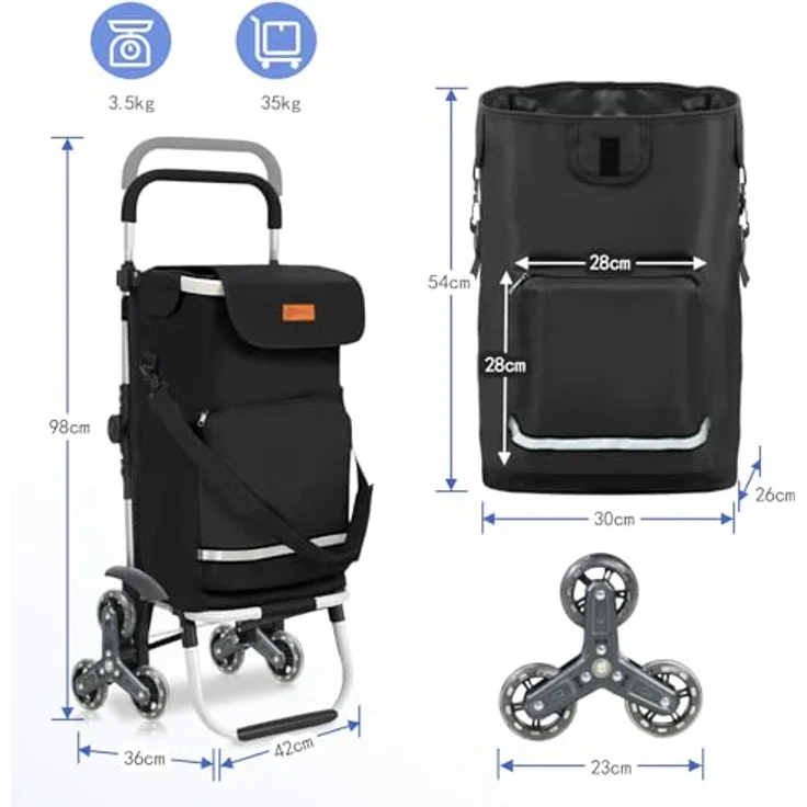 Sekey XXL Einkaufstrolley Treppensteiger mit 3 Rädern, 3-in-1 Aluminium Trolley mit höhenverstellbarem Griff, inkl. Kühlfach und Getränkefach, Schwarz – Bild 3