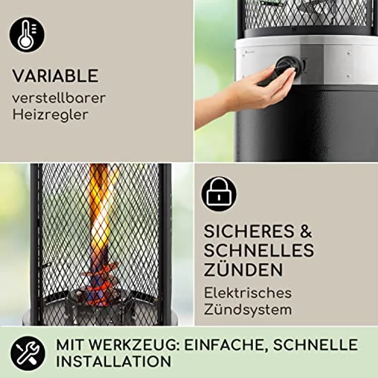 Blumfeldt Heizpilz Gas für Terrasse, Garten & Balkon, 360°Flammen-Blick, Outdoor-Gasheizstrahler, Elektrische Zündung, Bodenrollen - silber – Bild 3
