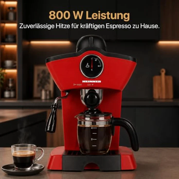 Heinner HEM-200RD, Espressomaschine mit 800 W, 0,25 l Wassertank, Edelstahlfilter und Glaskanne, Rot – Bild 5