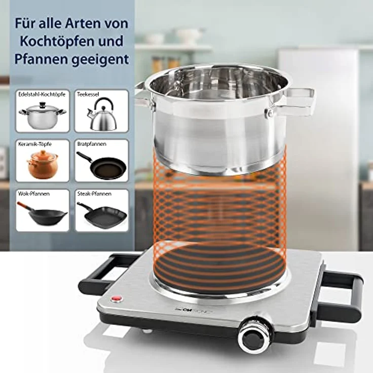 Clatronic® Kochplatte elektrisch mit 1500 Watt, Herdplatte 1 Kochfeld für Küche, Büro oder Camping, elektrische Kochplatte mit stufenloser Temperatureinstellung - Einzelkochplatte Edelstahl EKP 3788 E – Bild 2
