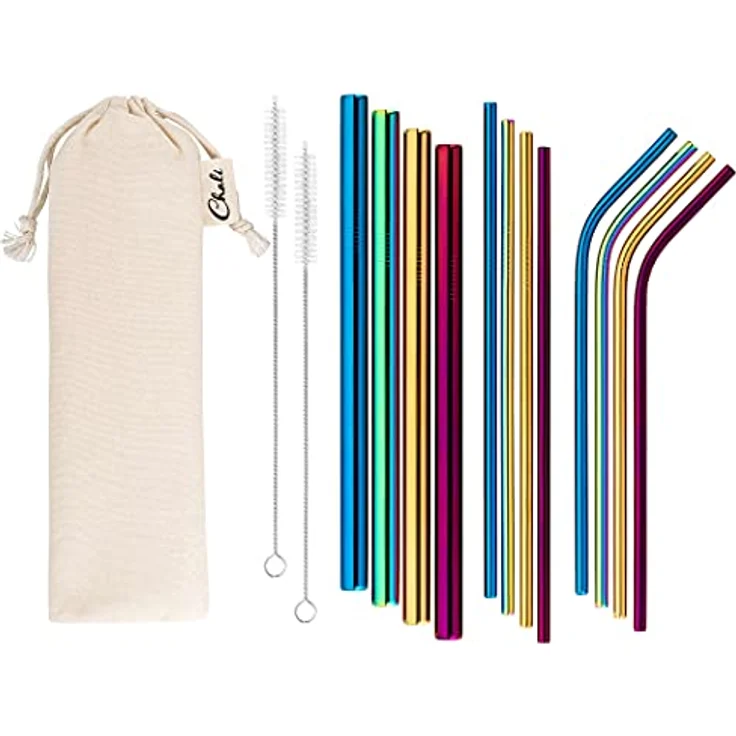 Chali® Edelstahl Strohhalme 12er Set (8x ø6mm, 4x ø12mm), bunte Trinkhalme wiederverwendbar 21,5cm lang spülmaschinengeeignet inkl. 2x Reinigungsbürsten – Bild 3