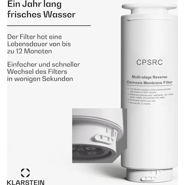 Klarstein 75G Osmose-Wasserfilter - 5-Stufiger PP+C+RO Wasserfilter mit 0,0001 Mikron Präzision, Entfernt 99,99% Schadstoffe, Einfache Twist-In Installation, Lange Lebensdauer bis zu 12 Monaten – Bild 4