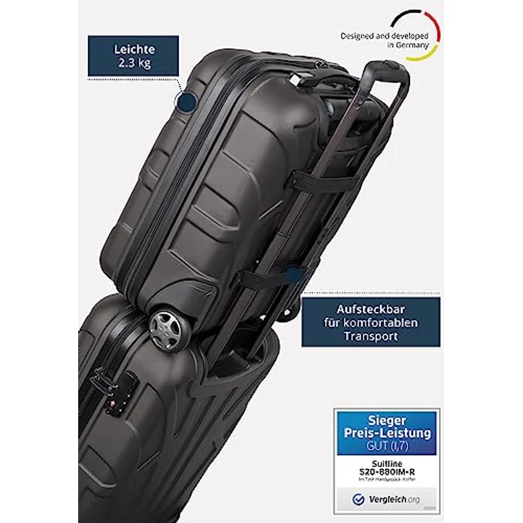 Suitline Handgepäckkoffer S1, 2 Rollen, EasyJet Trolley 45x36x20 cm Underseat kleiner Koffer Flugzeug 30 L, ABS Hartschale, schwarz – Bild 3