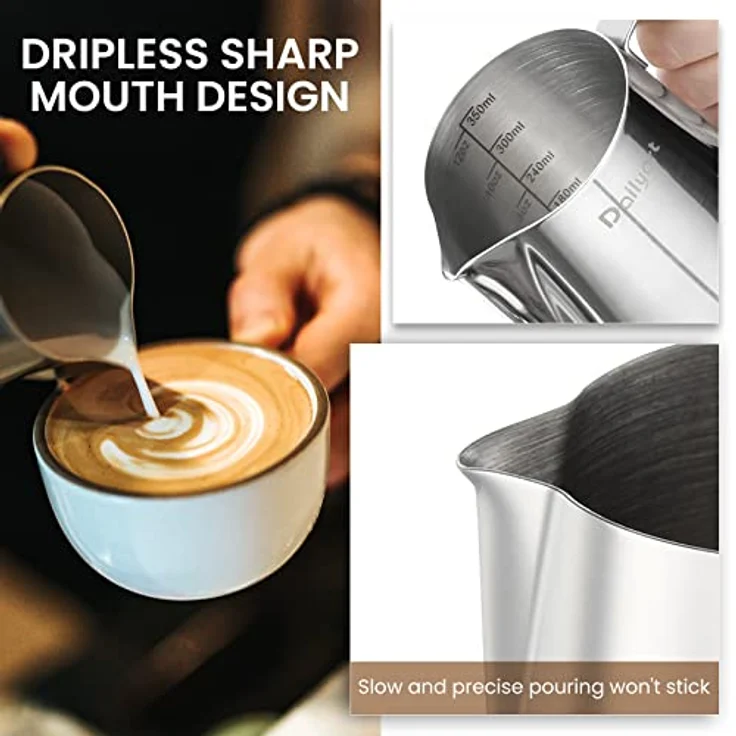 Dailyart Milchkännchen aus Edelstahl, 350ml/12oz, tropffreies Design, ergonomischer Griff, Silber – Bild 3