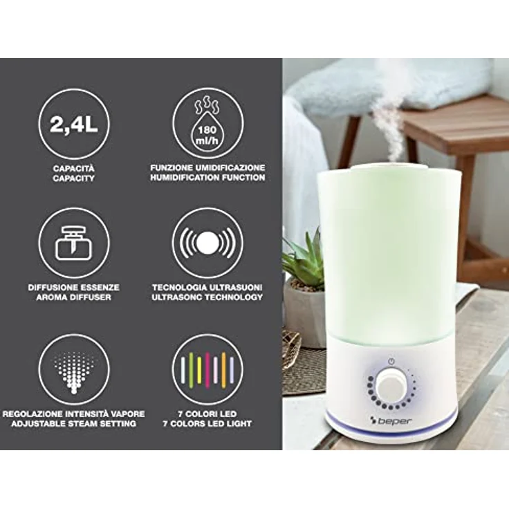 BEPER 70.401 Luftbefeuchter und Essenz-Diffusor, 30W, 2, 4L, 7-Farben LED-Licht, Weiß, Abschaltautomatik, Ideal für Haus, Büro, Kinder, Zimmer und Bad – Bild 2