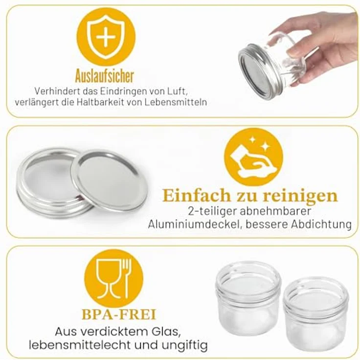 Withosent 120ml Marmeladengläser, 8er Set mit geteilt Schraubdeckel, luftdicht, BPA-frei, für Marmelade, Gelee, Joghurt und mehr – Bild 3
