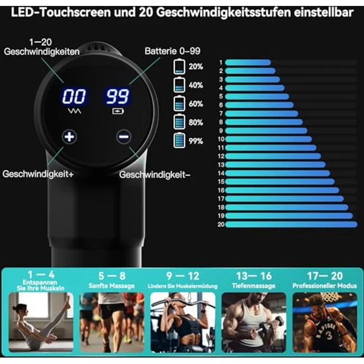 AERLANG Massagepistole, Tiefengewebe Massagegerät mit LCD-Touchscreen, 20 Geschwindigkeitsstufen, Geschenkset mit Tragetasche – Bild 2