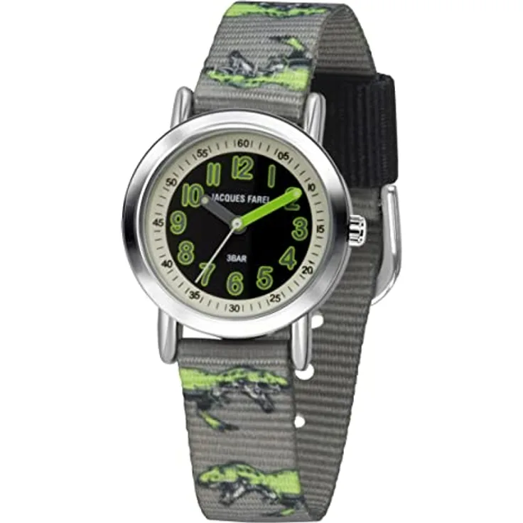  JACQUES FAREL Kinder-Armbanduhr Lernuhr Jungen Analog Quarz mit Stoffband Textilband Dinosaurier T-Rex Grau Schwarz Grün IPS 28mm KPS 605