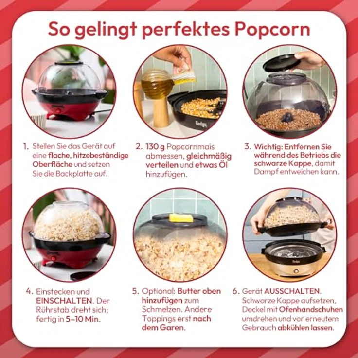 Gadgy Popcornmaschine – 800W Elektrischer Popcorn Maker mit Rührwerk, Antihaft-Platte und 5L Kapazität – Ideal für Zuhause, Partys & Filmabende, geeignet für Butter, Zucker & Gewürze – Bild 3
