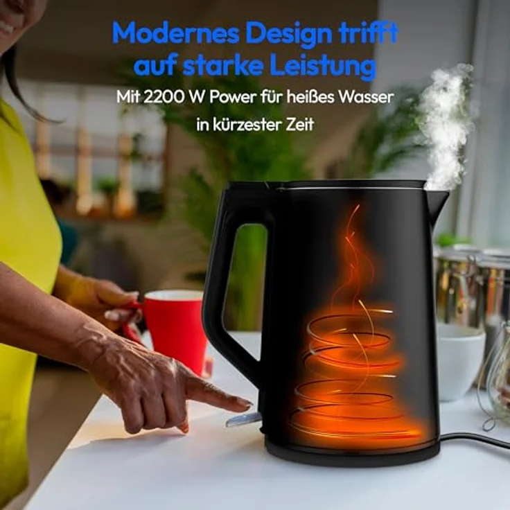 MEDION Wasserkocher MD12105, Edelstahl 1,5 Liter, 2.200 Watt, 360° Basis, Warmhaltefunktion, LED Betriebsanzeige, schwarz – Bild 2
