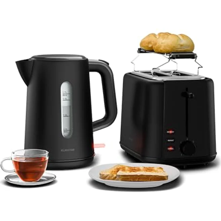Klarstein Velaire Toaster Wasserkocher Set, 2 Scheiben Toaster mit 7 Bräunungsstufen, 1,7L Wasserkocher mit Kalkfilter, Frühstücksset in Silber – Bild 1