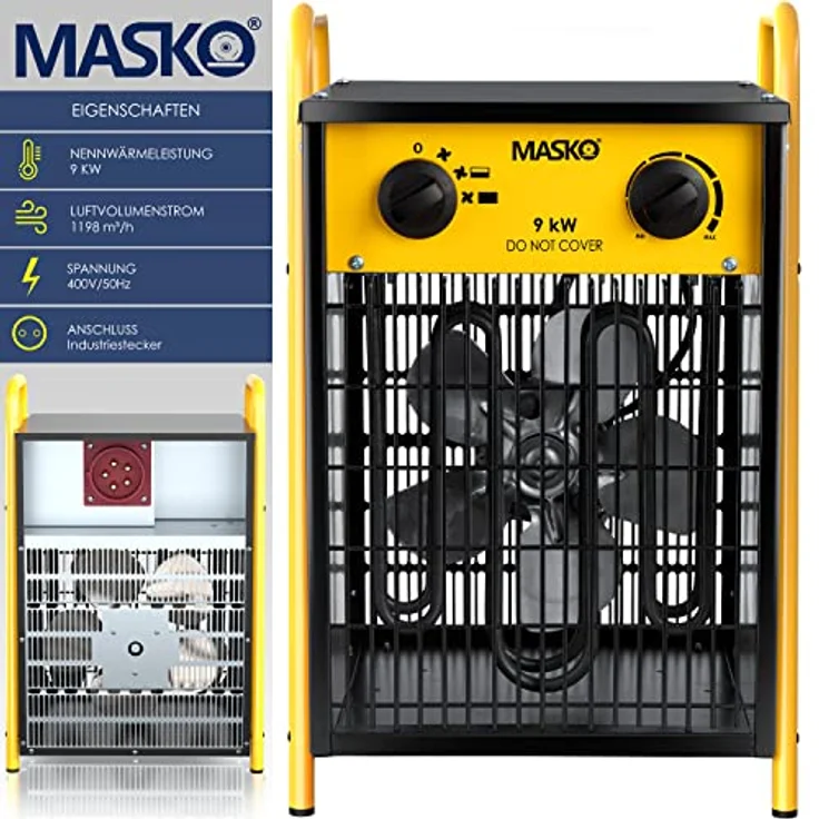 Masko® Elektroheizer Heizlüfter Bauheizer 9 KW mit integriertem Thermostat elektrisch Heizgerät 9000 Watt 3 Heizstufen Heizgebläse für Innen- und Außeneinsatz Überlastschutz Elektroheizgebläse Gelb – Bild 2