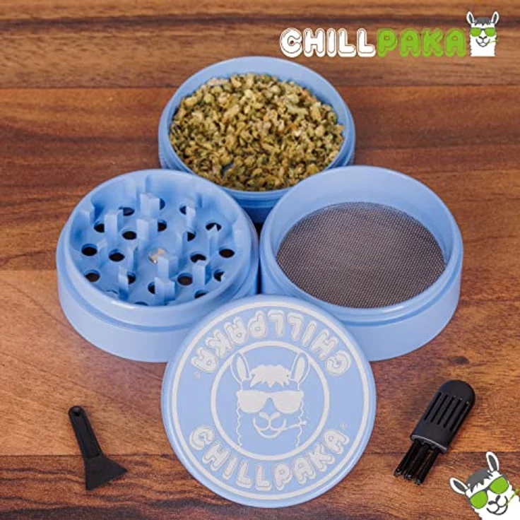 CHILLPAKA® Premium Keramik Grinder Crusher | ø63mm groß Blau | messerscharfe Kräutermühle mit haftfreier Keramikbeschichtung | inkl. Pollenschaber + Pinsel – Bild 4