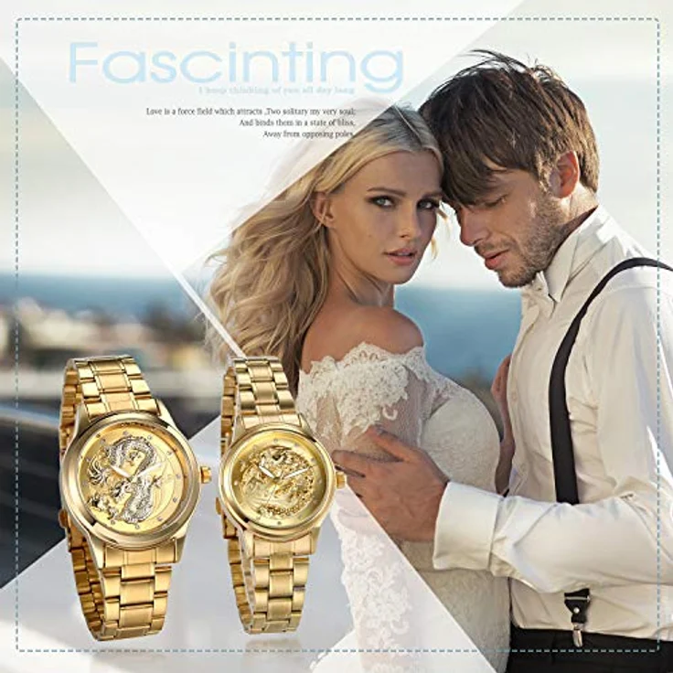 JewelryWe Armbanduhr für Damen und Herren, Edelstahl Gold, 3D Drache Zifferblatt, Leuchtzeiger, Diamantskala, wasserdicht – Bild 2