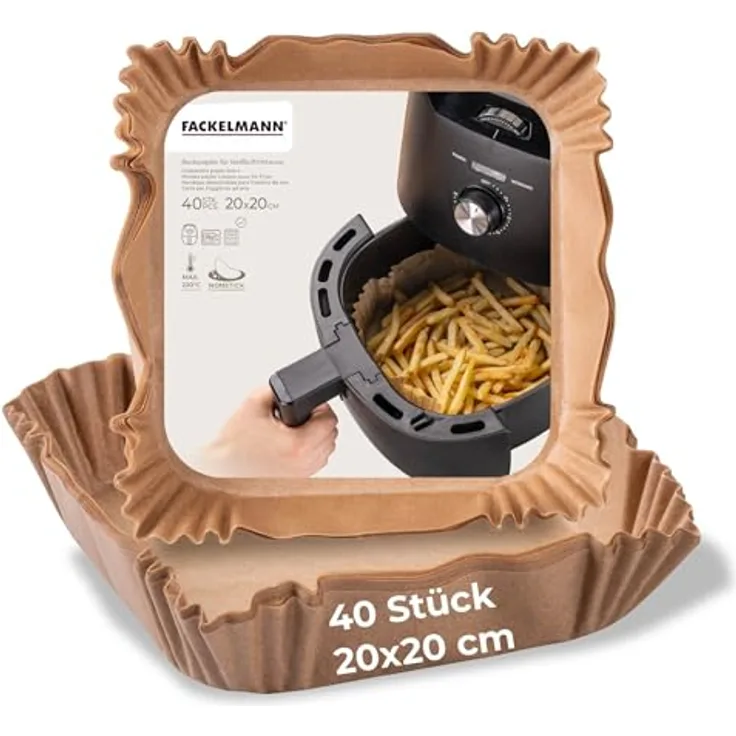 Fackelmann Backpapier für Heißluftfritteuse, 20 x 20 cm, 40-teilig, öl- und wasserfest, hitzebeständig bis 220°C, mikrowellen- und backofengeeignet