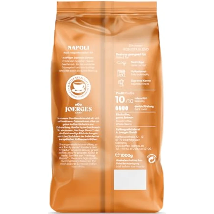 Joerges Espresso, Geröstete Kaffeebohnen, 1 kg, Dunkle Röstung, 10/10 Intensität – Bild 2