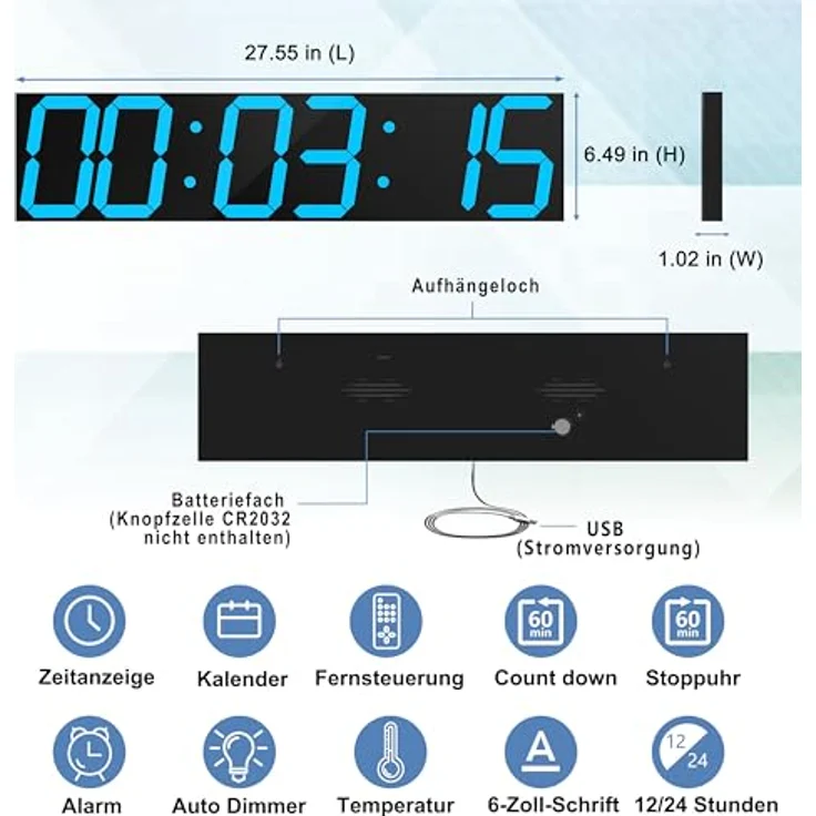 CHKOSDA Digitale Wanduhr, übergroße LED-Digitaluhr mit Auto-Dimmer, 27 Zoll Countdown-Timer und Fernbedienung, Eisblau – Bild 2