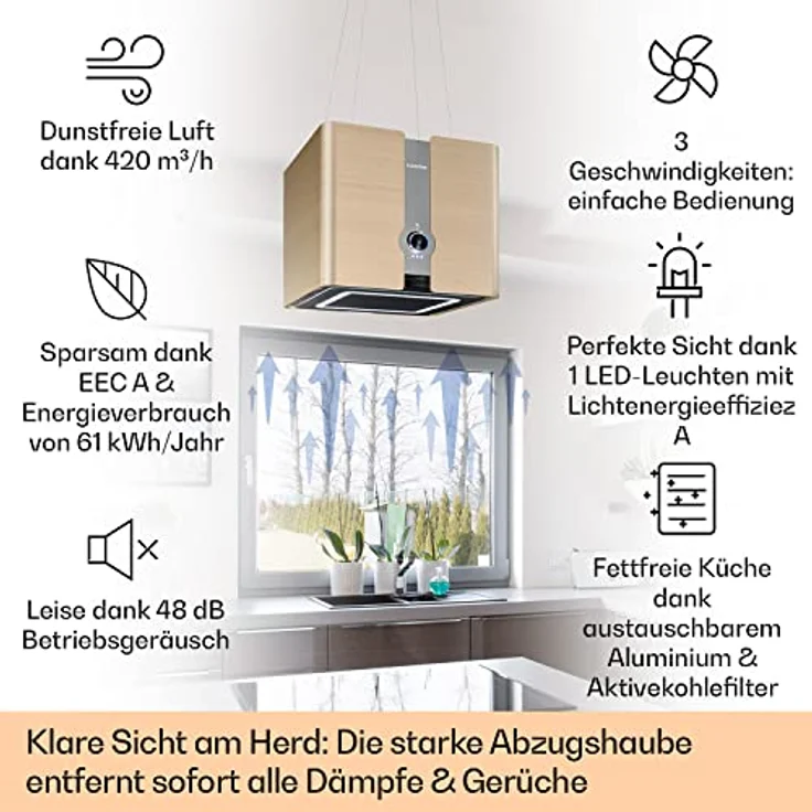 Klarstein 10038708 Inselhaube, Futurelight Smart Inselabzugshaube Umluft 420m³/h LED Edelstahl, gold – Bild 3