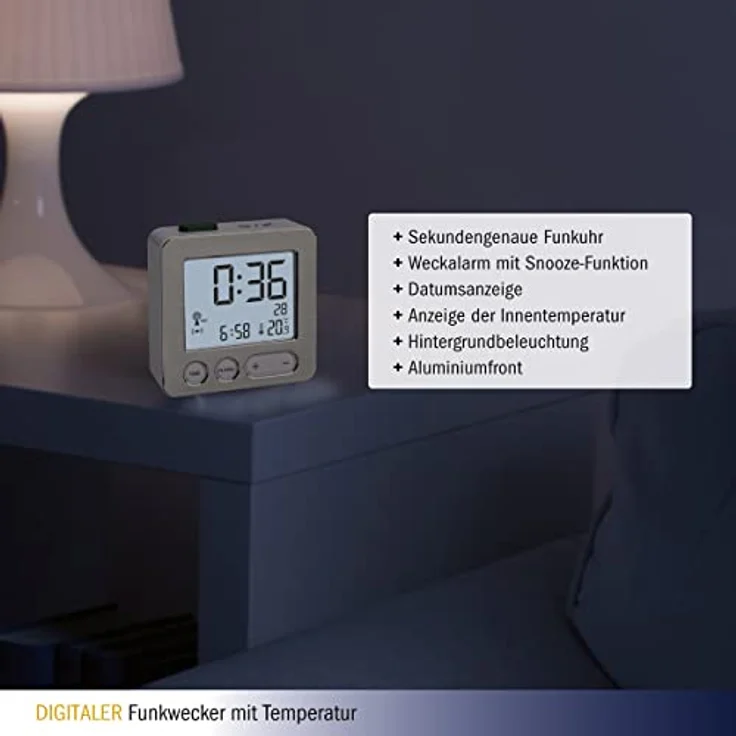 TFA Dostmann 60.2545.54 Digitaler Funk-Wecker, Kunststoff, Weiß/Silber, L 66 x B 22 x H 68 mm – Bild 5