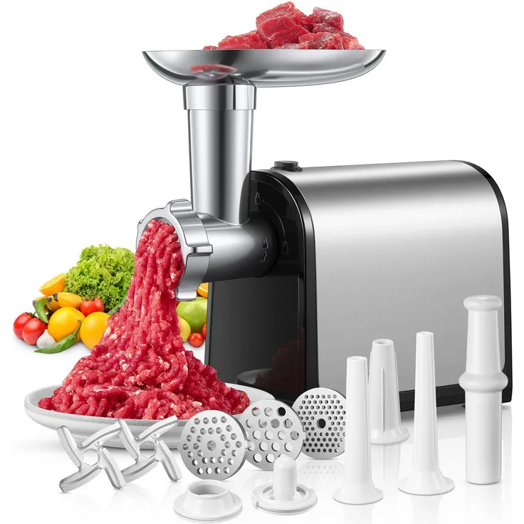FOHERE Elektrischer Fleischwolf 3 in 1, 3000 W, 3 Edelstahl-Schleifplatten, 1 Kubbe & 3 Wurstfüllrohre – perfekt für Rind, Huhn, Schwein, Wild