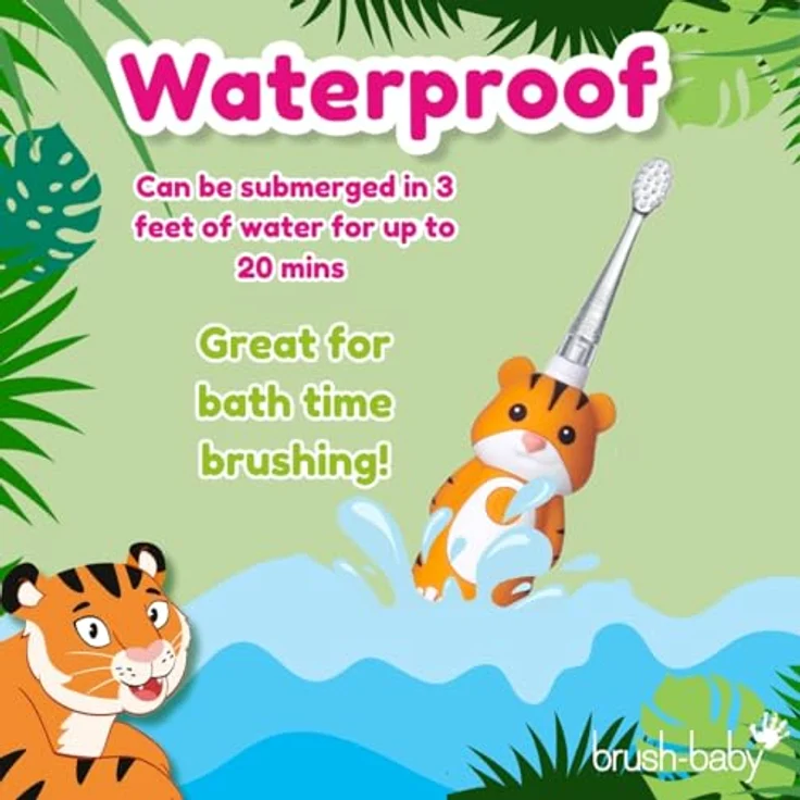 Brush-Baby WildOnes Toby Tiger, Elektrische wiederaufladbare Zahnbürste mit 2-Minuten-Timer, USB-Ladekabel, wasserdicht, für Kinder von 0-10 Jahren, inklusive 2 Ersatzbürstenköpfen – Bild 6