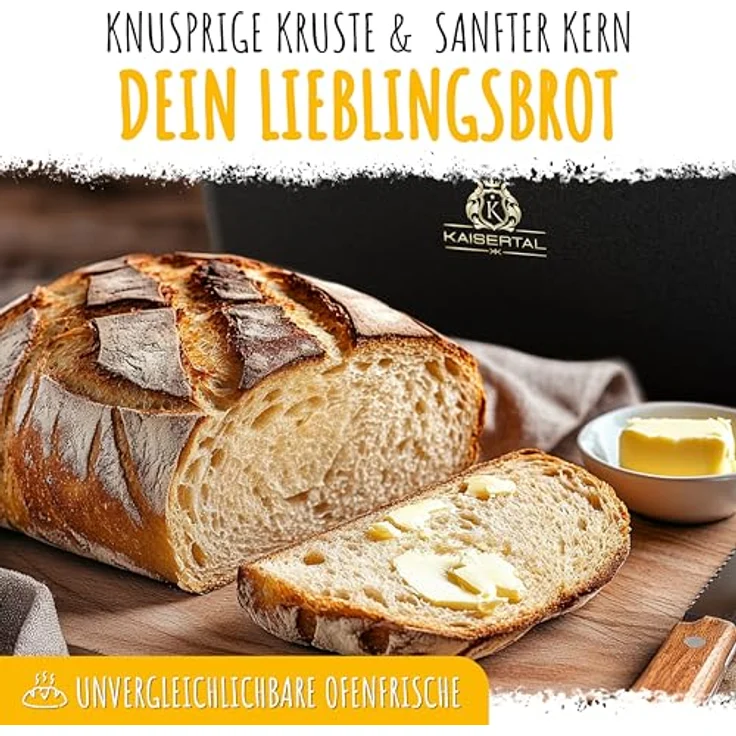 K KAISERTAL 28cm Brotbackform mit Deckel + Gärkorb - Eingebrannte Backform aus Gusseisen - Brottopf zum Backen - Kastenform mit Deckel inkl. Backen Zubehör, Farbe: Schwarz – Bild 5