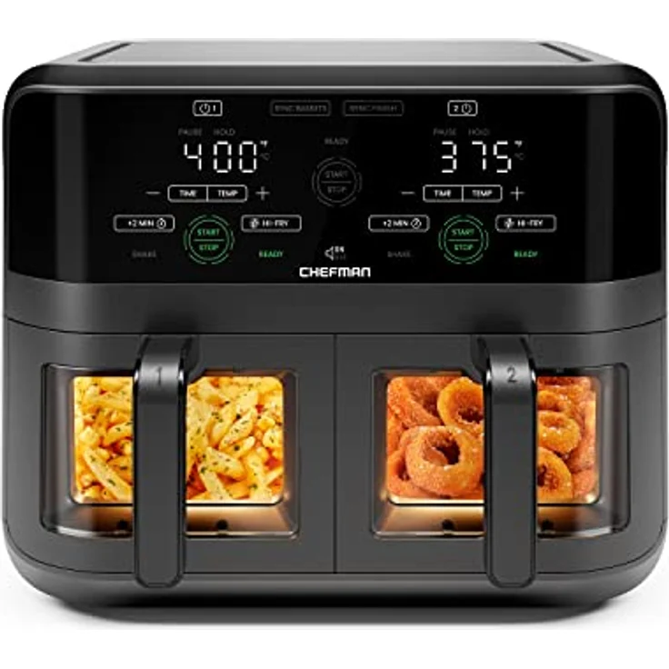 Chefman Square Plastic Air Fryer, With Capacitive Touch Control, 3 Quart Double Basket, Viewing Window