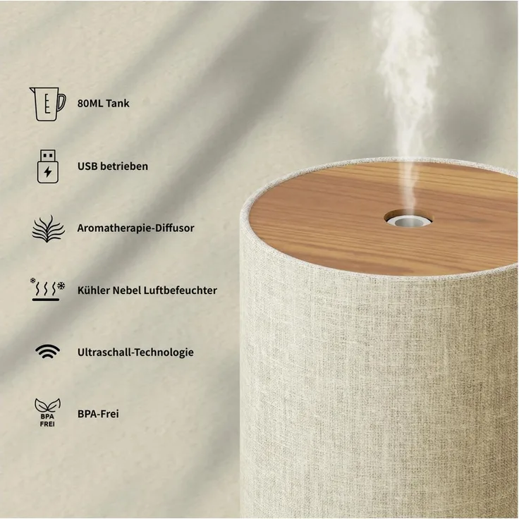 Tekoo Luftbefeuchter 3-in-1 Aroma Diffuser in Stoff-Optik, Nachtlicht, 80 ml Wassertank, USB-betrieben