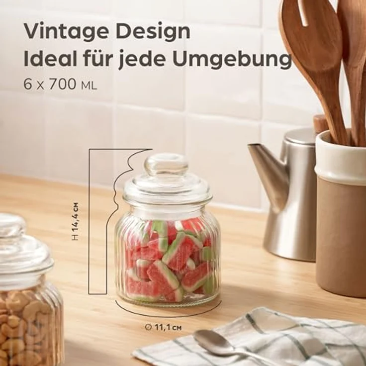 Niboline Praknu 6 Candy Bar Gläser, 700ml luftdichtes Vintage Keksglas mit Deckel und Etiketten, glasklar – Bild 2