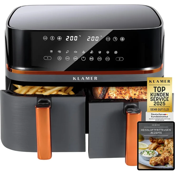 KLAMER Heißluftfritteuse Duo 9 L, Doppelkammer Airfryer mit 2 Körben, Digitaldisplay, 10 Automatikprogramme, 3000 W Heißluft-Zirkulation, spülmaschinengeeignet