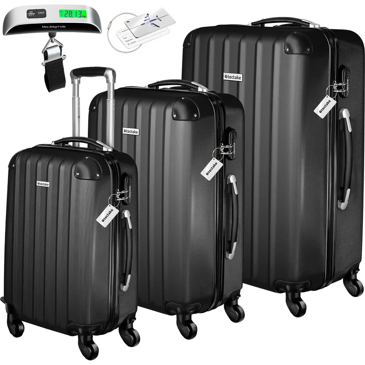 tectake Premium 3er Kofferset Talia, 3-teilig aus robustem ABS-Kunststoff, inkl. Kofferwaage und -anhänger, in Schwarz – Bild 1