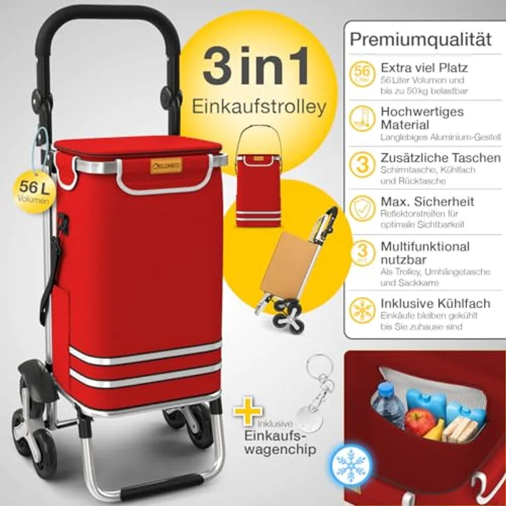 ELONEO Einkaufstrolley Treppensteiger mit Kühlfach, 56 L, klappbar, höhenverstellbar, Rot, mit Reflektoren und abnehmbarer Tasche – Bild 3
