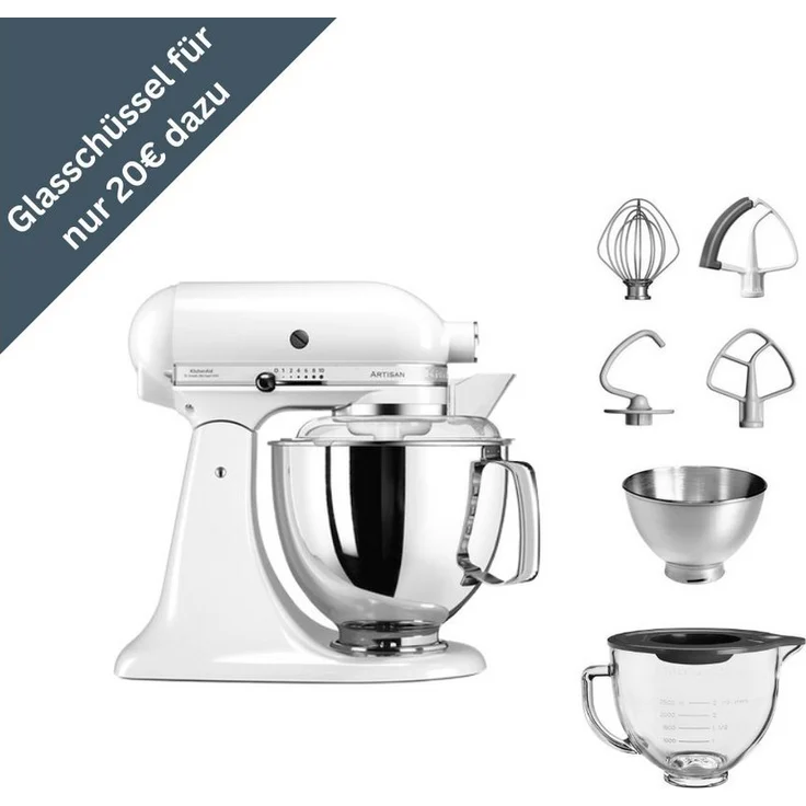 KitchenAid Artisan Küchenmaschine 5KSM175, inkl. Glasschüssel (5KSM5GB) - Rührmaschine in klassischem Design, 300 W Motor, 3- und 4,8-L-Schüsseln, robuste Konstruktion - Preisvergleich