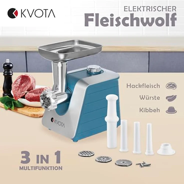 KVOTA Elektrischer Fleischwolf 1500 W max, 3 Lochscheiben (3/5/7 mm), Wurstaufsätze (13,5/19,5/22 mm) & Kibbeh-Aufsatz, Edelstahlgehäuse – Bild 2